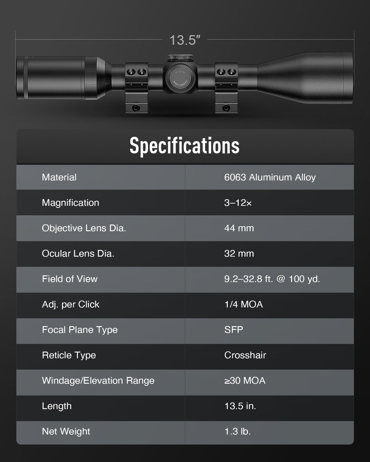 Pinty Nova 3-12x44 SFP Rifle Scope