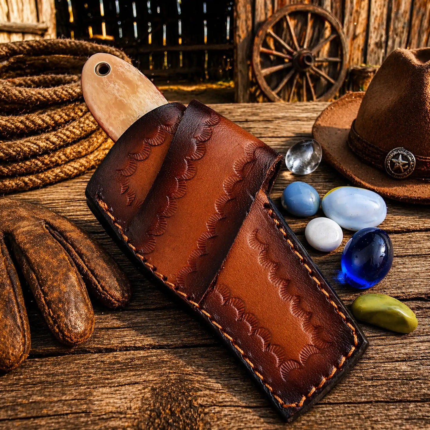 Handmade Rasp Steel Cowboy Bull Cutter Knife – Turquoise & Camel Bone Handle with Leather Sheath