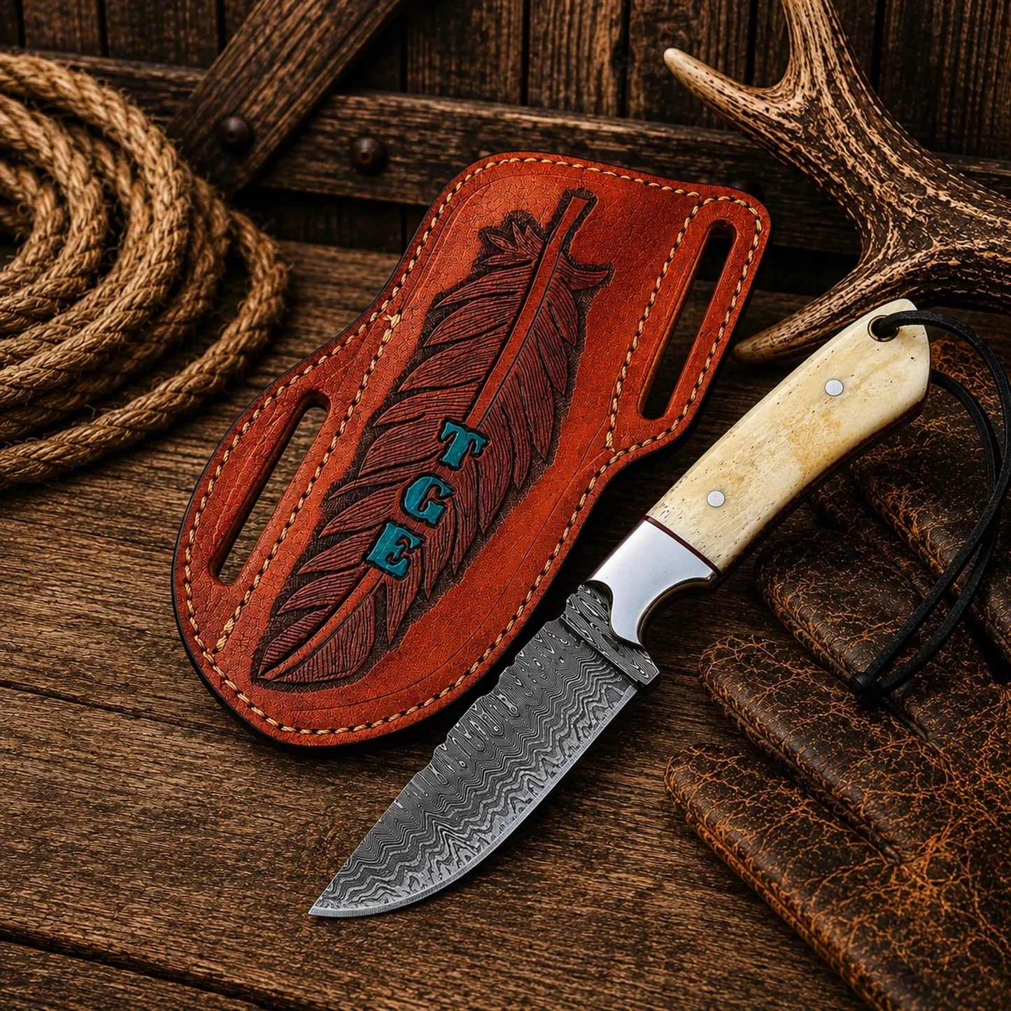 Cross Draw Cowboy Knife – 4" Firestorm Damascus Blade & Camel Bone Handle
