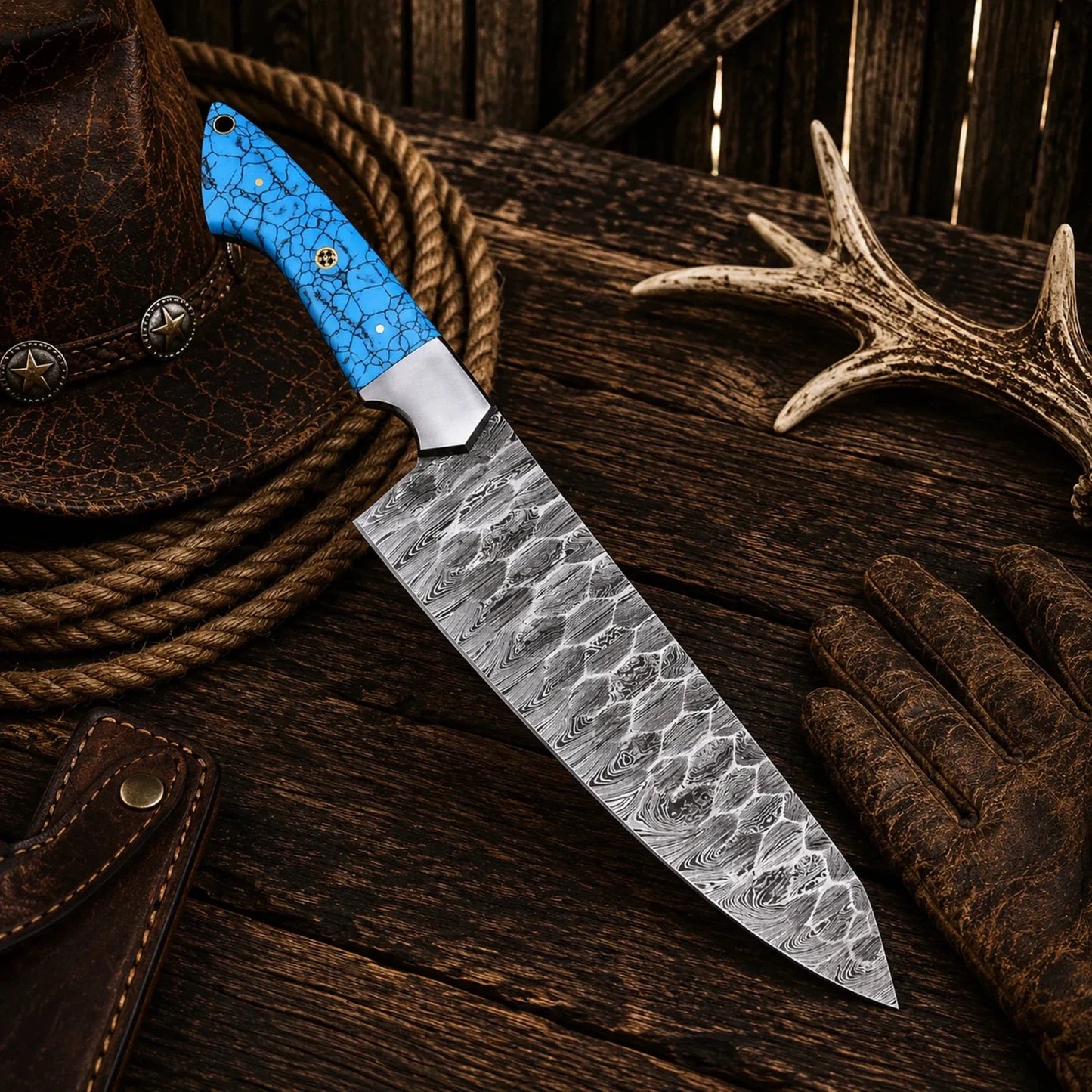Custom Hand Forged Damascus Chef Knife – Turquoise Handle & Steel Bolster