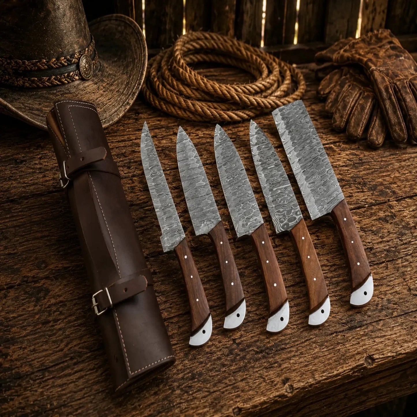 Damascus Chef Knife Set – 5 Piece Rosewood Handle Collection