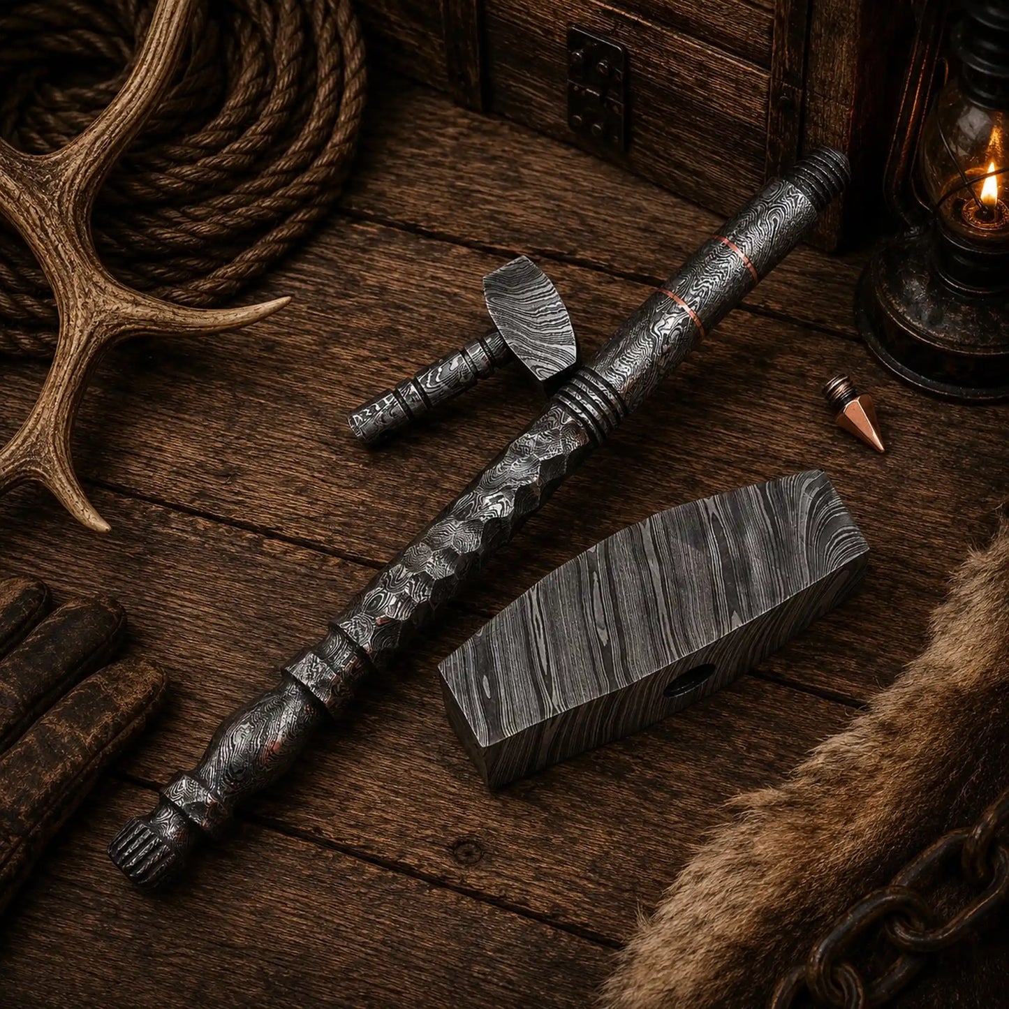 Thor’s Legacy Damascus Hammer Set – Hand-Forged 10″ Mjölnir
