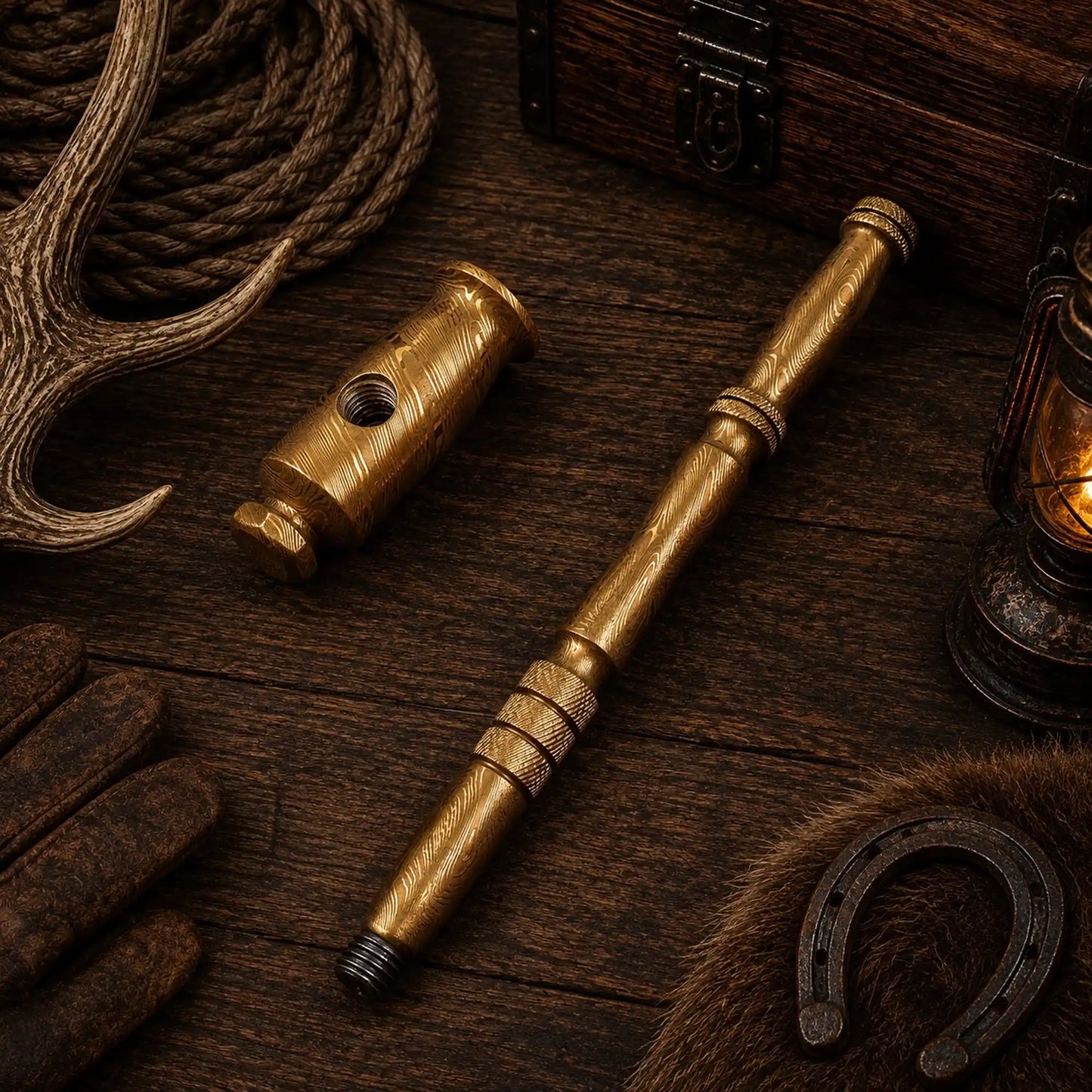 Goldenforge Damascus Steel Hammer – Handmade Desk Décor Collectible