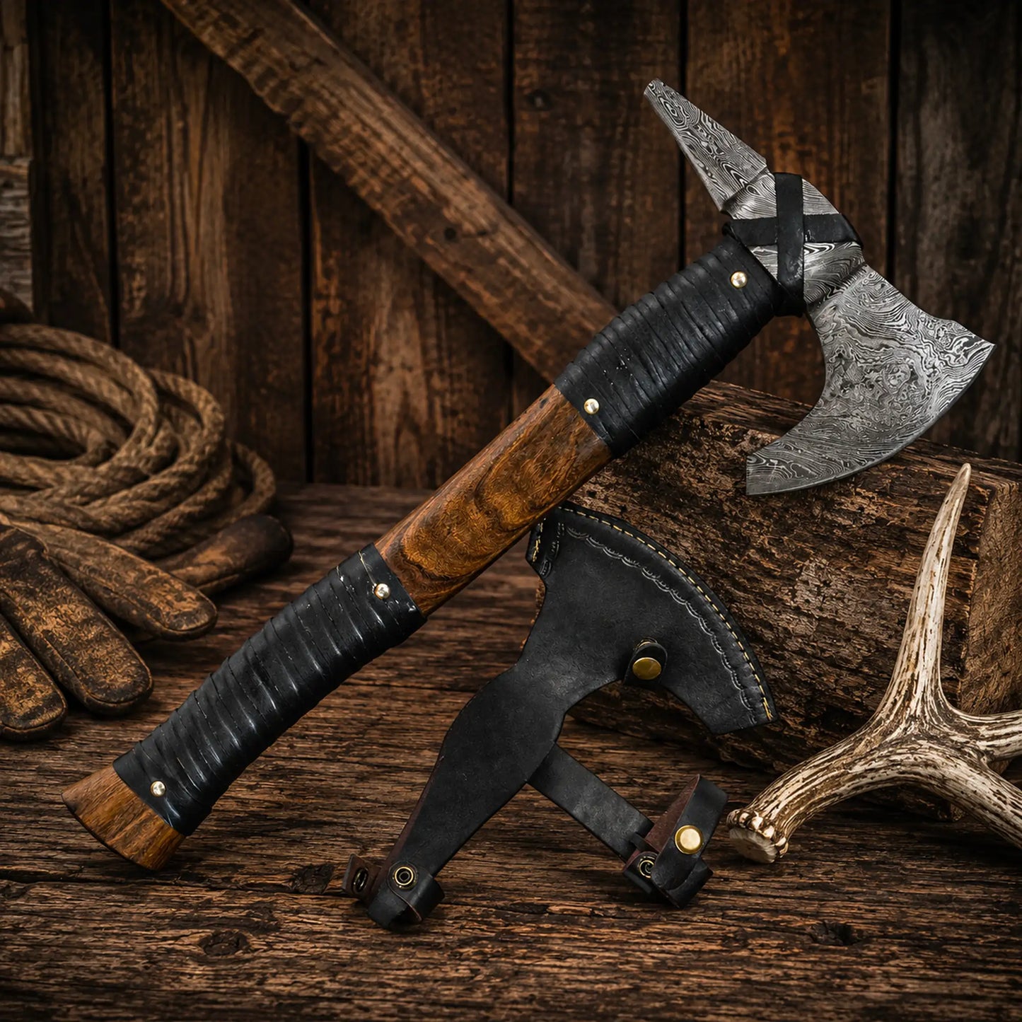 19" Handmade Damascus Steel Viking Bearded Axe with Spike & Sheath