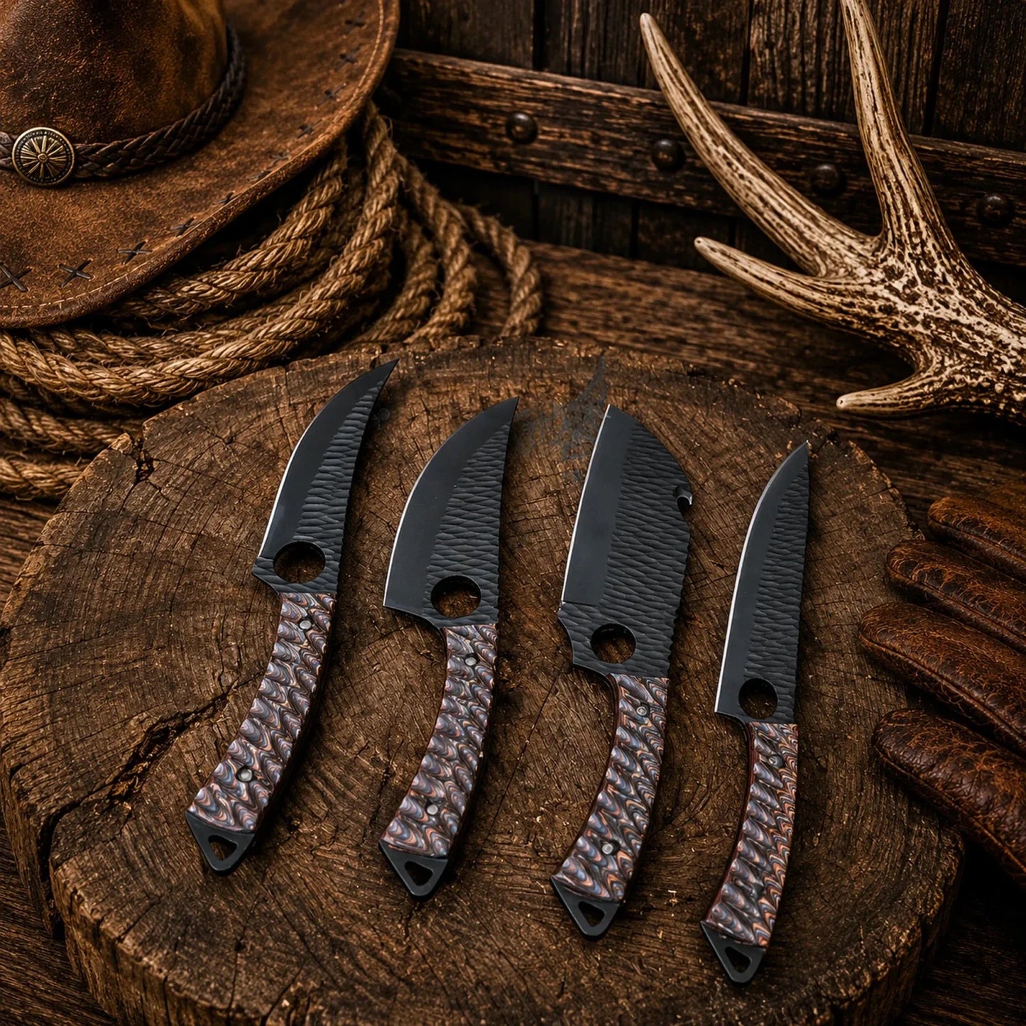 Outdoor Kitchen Knife Set – Hand Forged D2 Steel Powder Coated Blades & Jigged Wood Handles