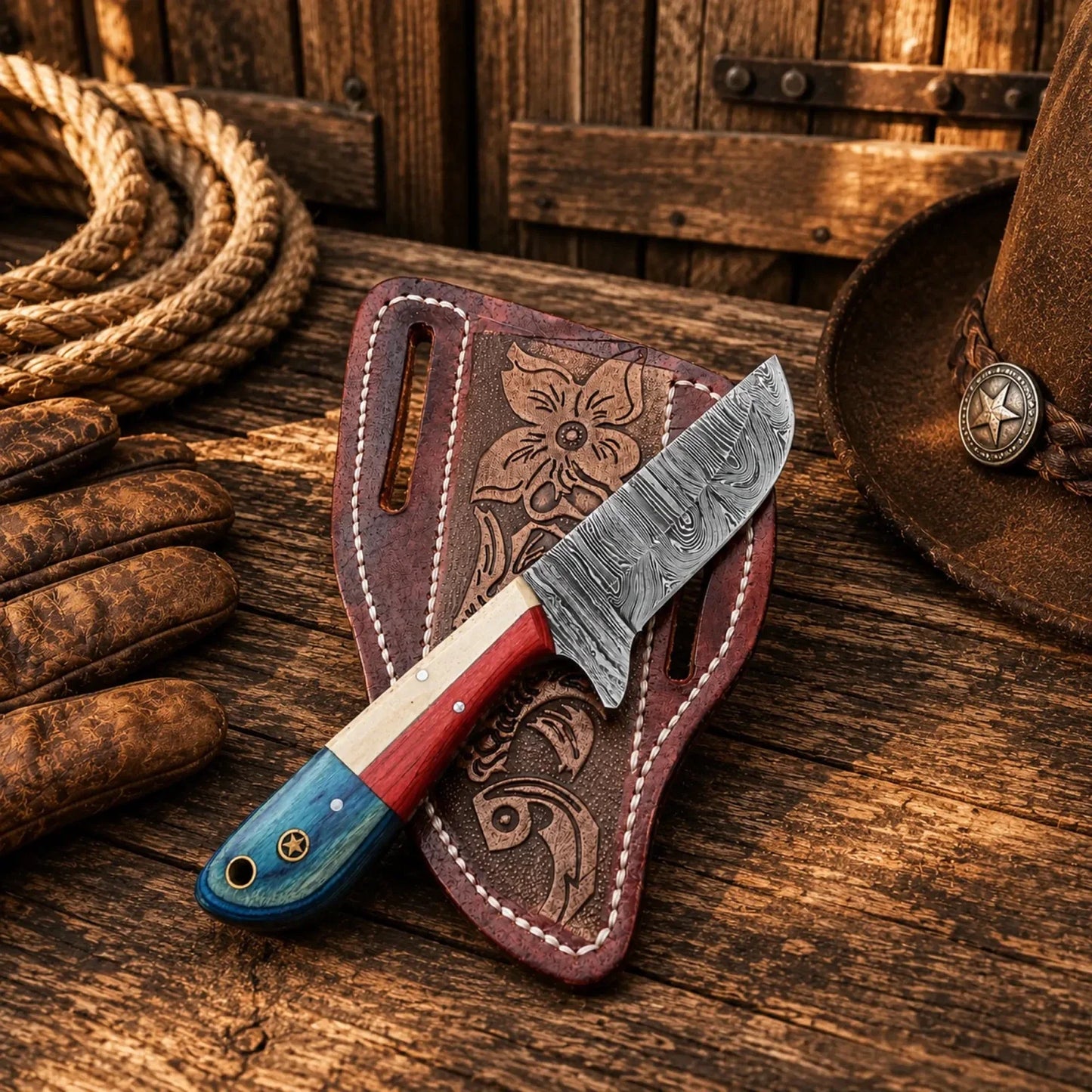 Texas Ranch Field Knife – Damascus Steel Blade with Back Belt Sheath