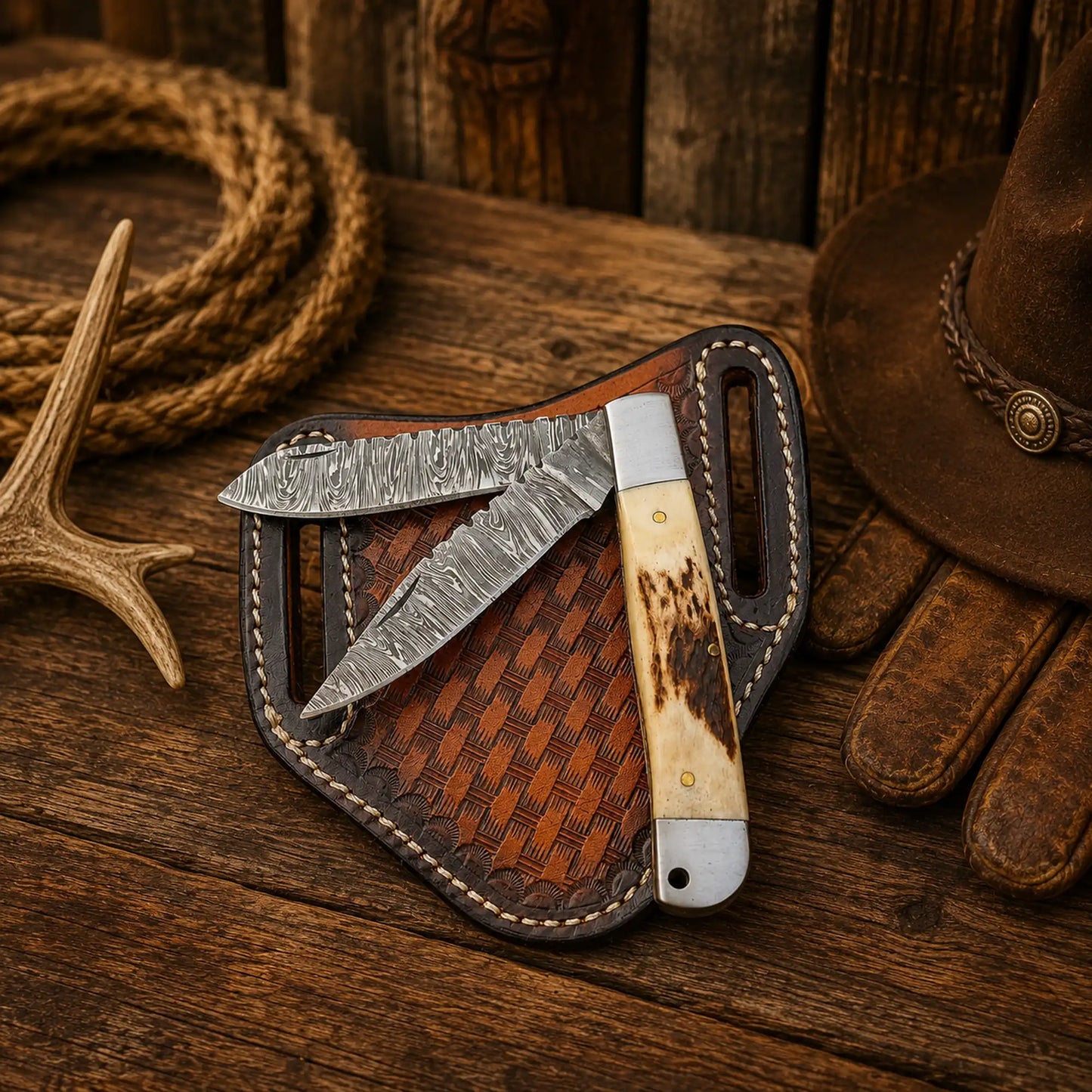 Trapper Pocket Knife – Damascus Two Blade Folding Knife with Antler Horn Handle