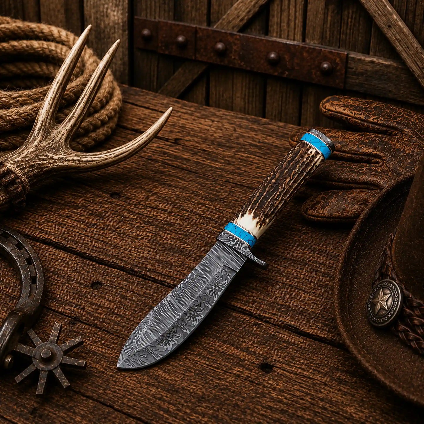 Western Cowboy Hunting Knife – 5" Fire Damascus Blade with Antler & Turquoise Handle