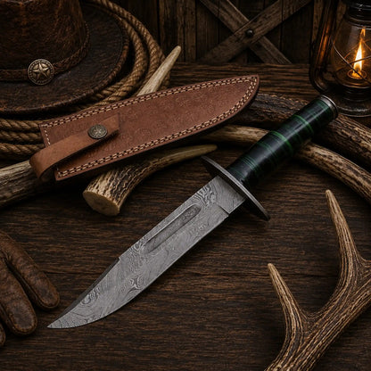 Western Trailmaster Bowie Knife – Damascus Steel, Exotic Wood Handle & Leather Sheath