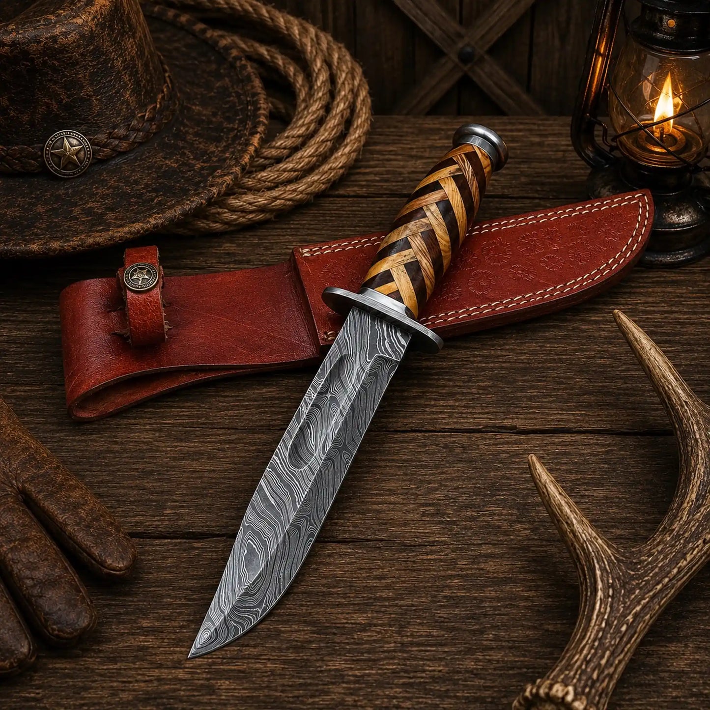 Frontier Weaver Bowie Knife – Damascus Steel, Basketwood Handle & Leather Sheath