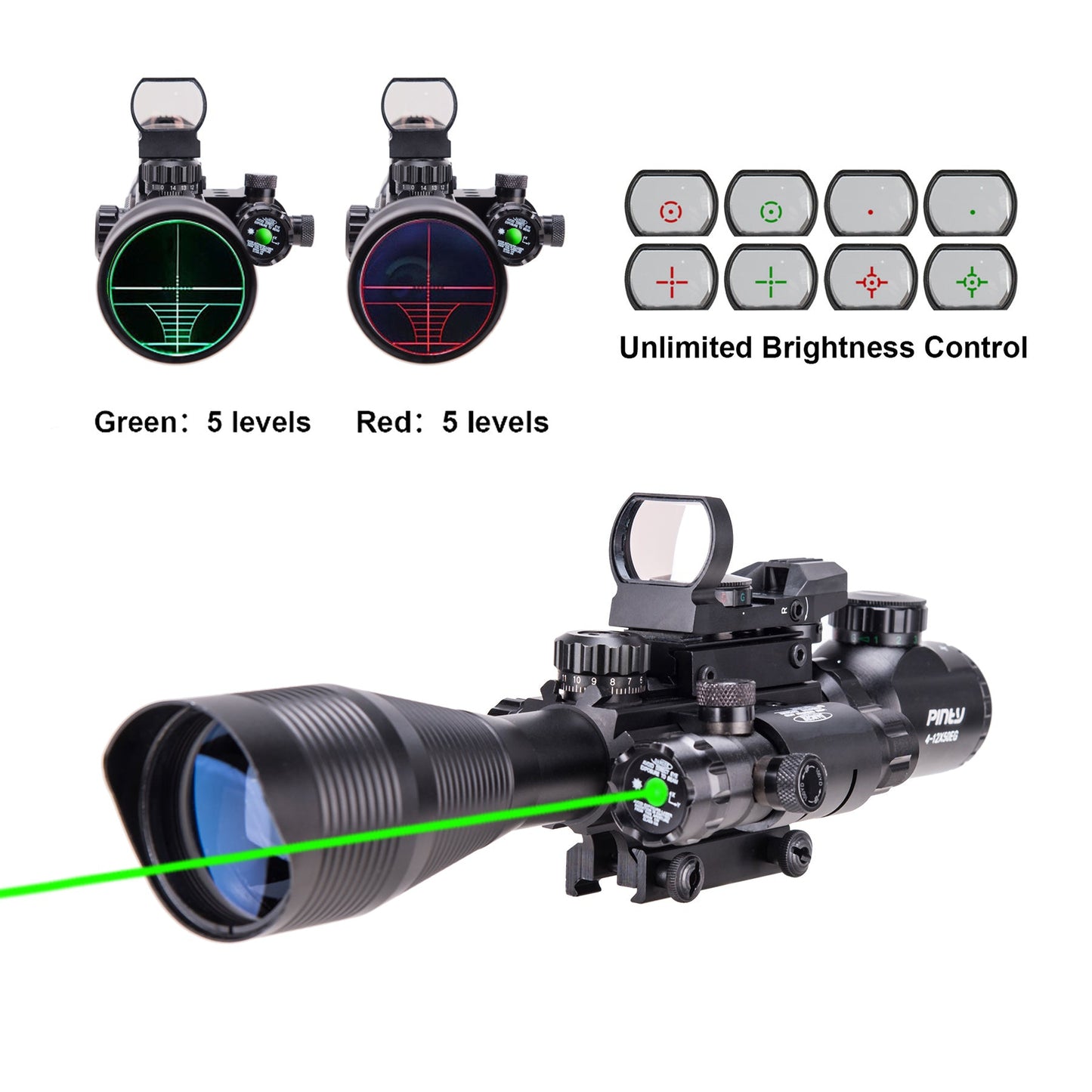 Pinty Nova 3-in-1 4-12x50 SFP Rifle Scope Combo, Green Laser