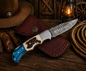 Hand Forged Damascus Pocket Knife – Engraved Folding Knife with Stag Horn & Blue Pakka Wood Handle