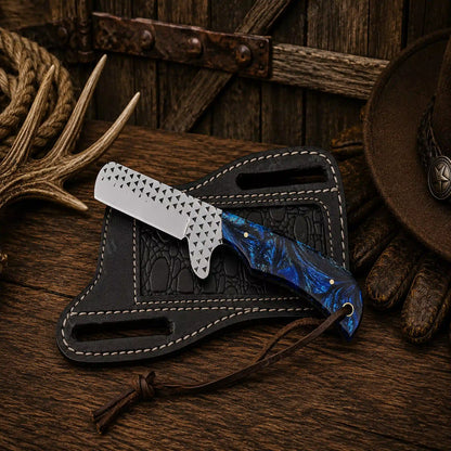 Rasp File D2 Steel Bull Cutter Knife – Blue Epoxy Resin Handle & Pancake Sheath