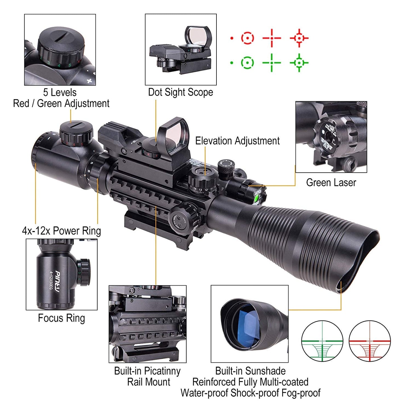 Pinty Nova 3-in-1 4-12x50 SFP Rifle Scope Combo, Green Laser