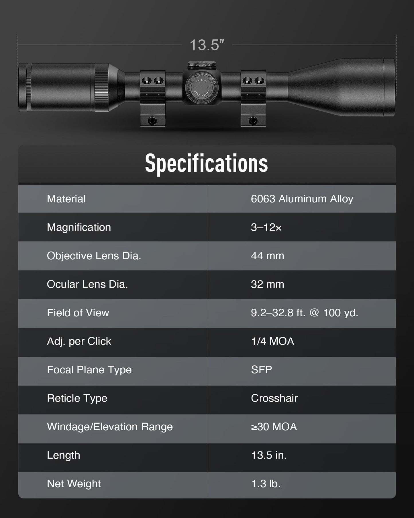Pinty Nova 3-12x44 SFP Rifle Scope