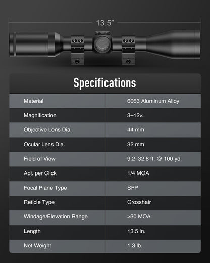 Pinty Nova 3-12x44 SFP Rifle Scope
