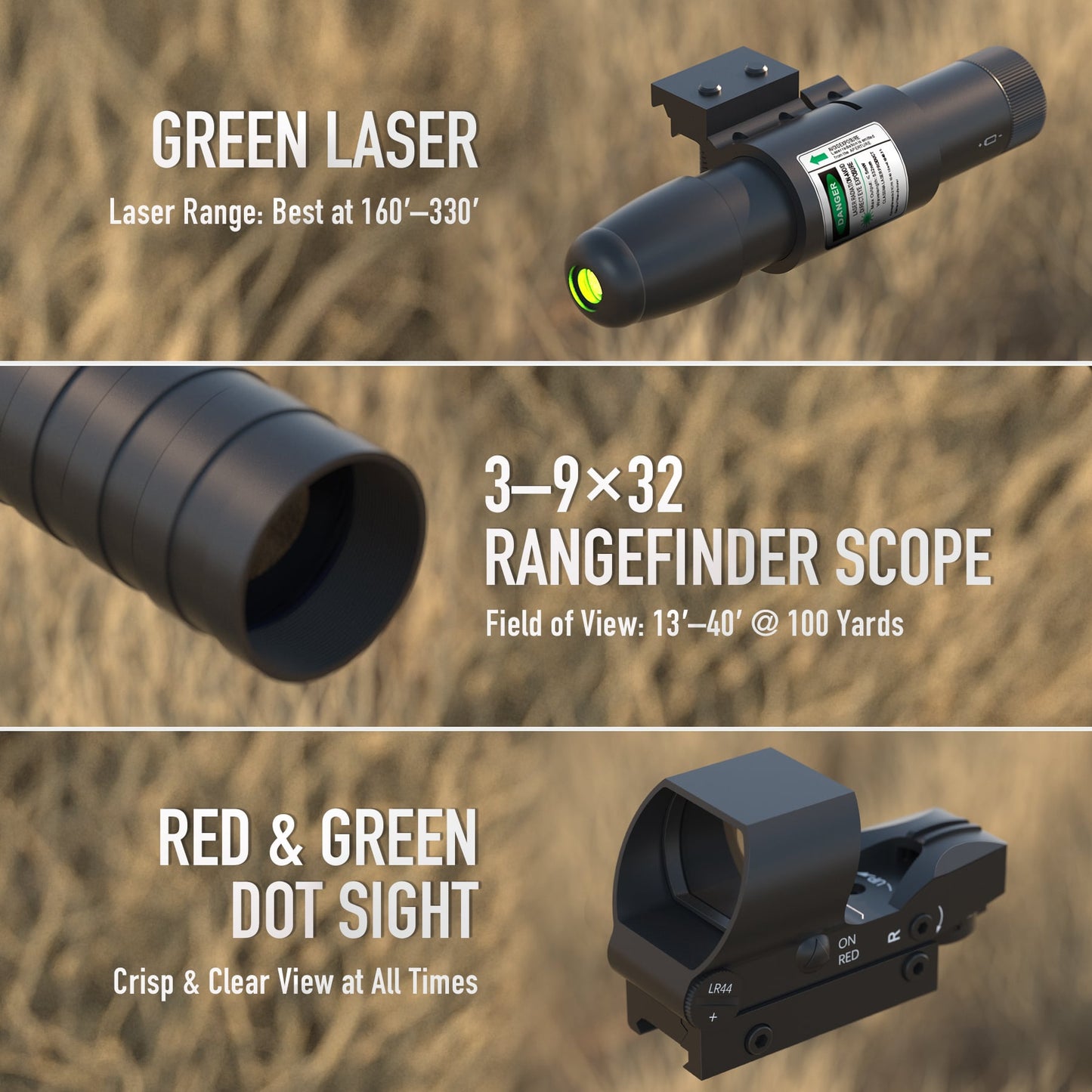 Pinty Nova 3-in-1 3-9x32 SFP Rifle Scope Combo, Green Laser