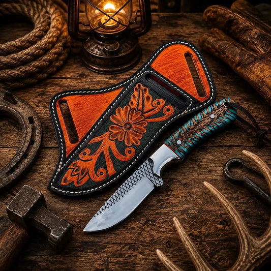 All Season Cowboy Working Knife – Rasp File Steel with Turquoise Pine Cone Handle