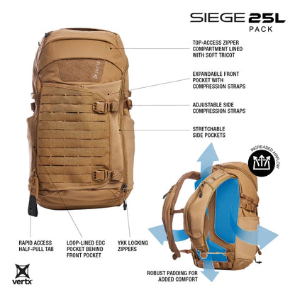 Vertx Siege 25L - Rapid Access CCW & Expandable Helmet Storage - Mission-Ready