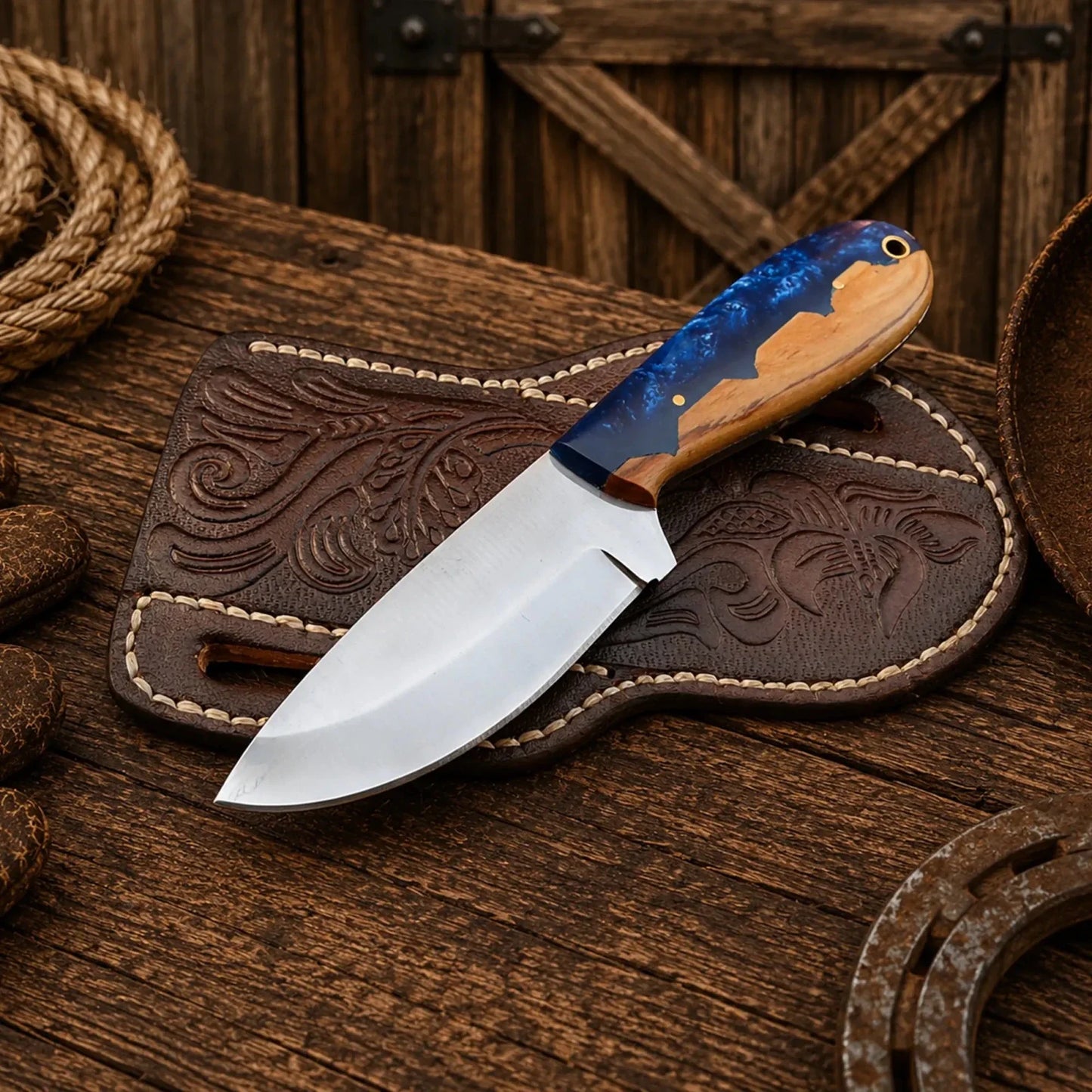 Belt Sheath Working Knife – D2 Steel Blue Resin & Wood Handle