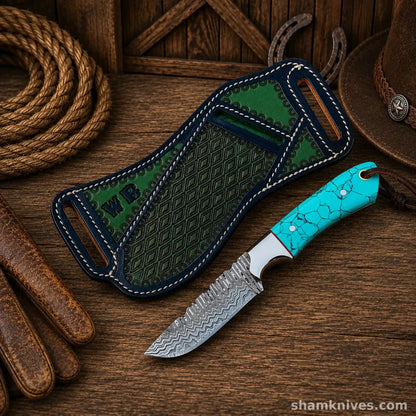 Blue Outlaw Cowboy Hunting Knife – Damascus Steel Turquoise Handle