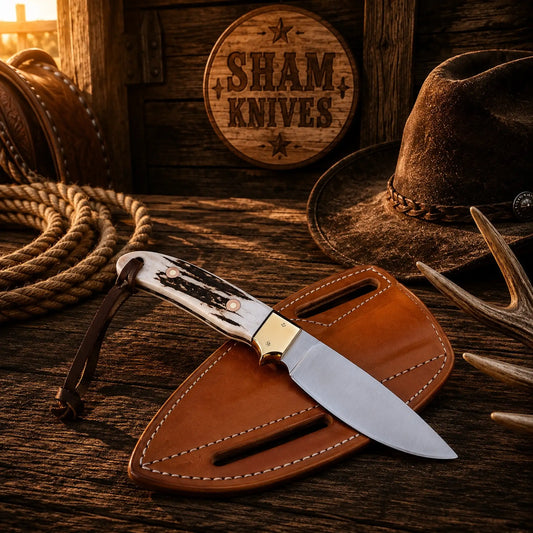 Buckaroo Ranch Knife – 4″ D2 Full Tang Blade, Antler & Belt Sheath