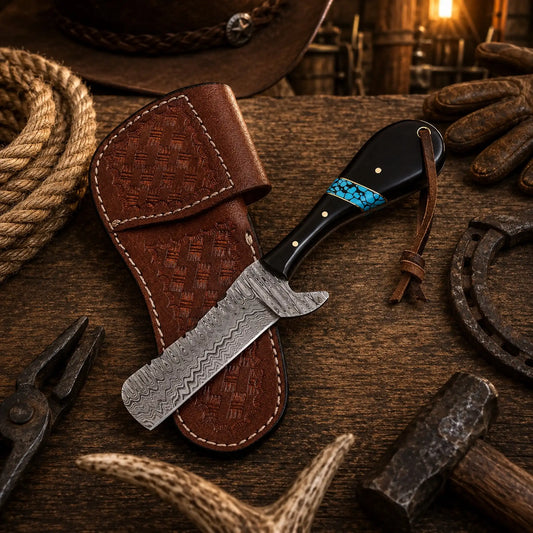 Bull Cutter Knife – Handmade 1095 Damascus Steel Cowboy Knife with Buffalo Horn & Turquoise Handle
