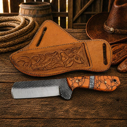 Bullcutter Knife Rasp Steel Blade Turquoise Handle Leather