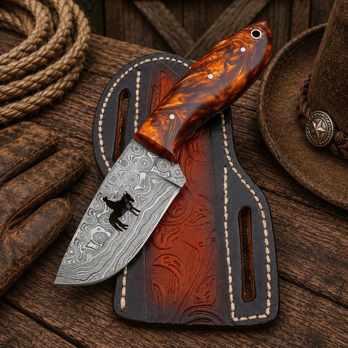 Carter Ranch Field Knife with Sheath – Handmade Damascus Blade Resin Handle