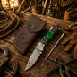 Compact Cowboy Working Damascus Folding Pocket Knife – Green Pakka Wood Back Lock EDC Knife