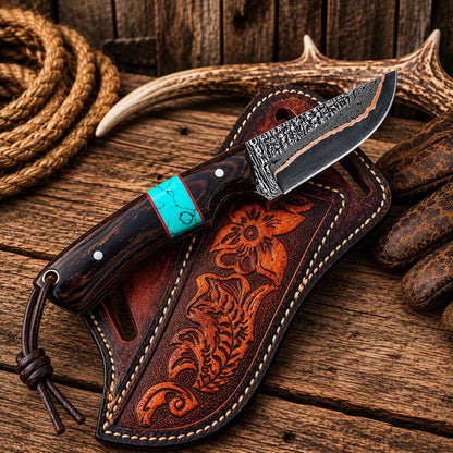 Copper Damascus Cross Draw Knife – Wenge Wood & Turquoise Inlay Handle