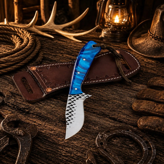 Country Rasp File Hunting Knife – 4" Rasp Steel Blade with Blue Epoxy Resin Handle
