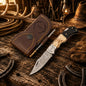 Cowboy Belt Carry Damascus Folding Pocket Knife – Antler & Black Resin Back Lock EDC Knife