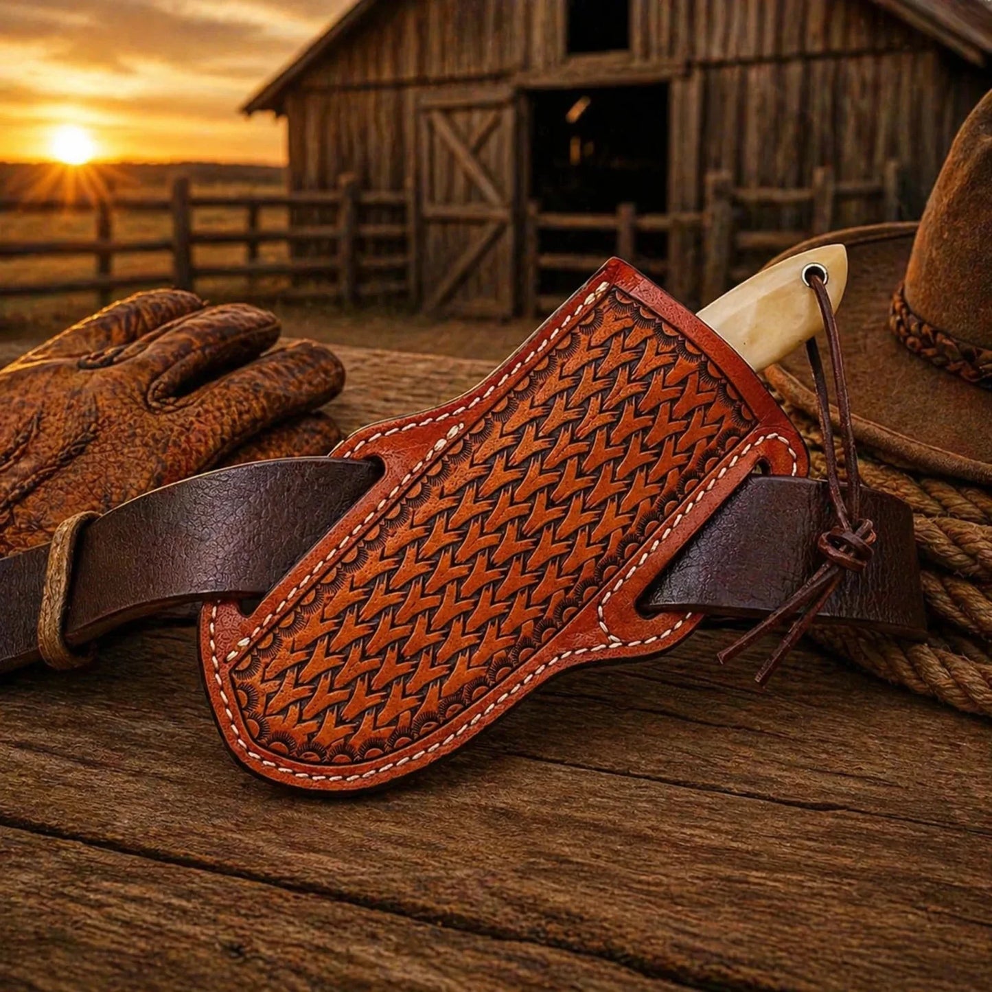 Cowboy Belt Knife – 3.5" Damascus Steel Blade & Bone Handle