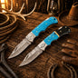 Cowboy Belt Carry Damascus Folding Pocket Knife Set – Turquoise Handles
