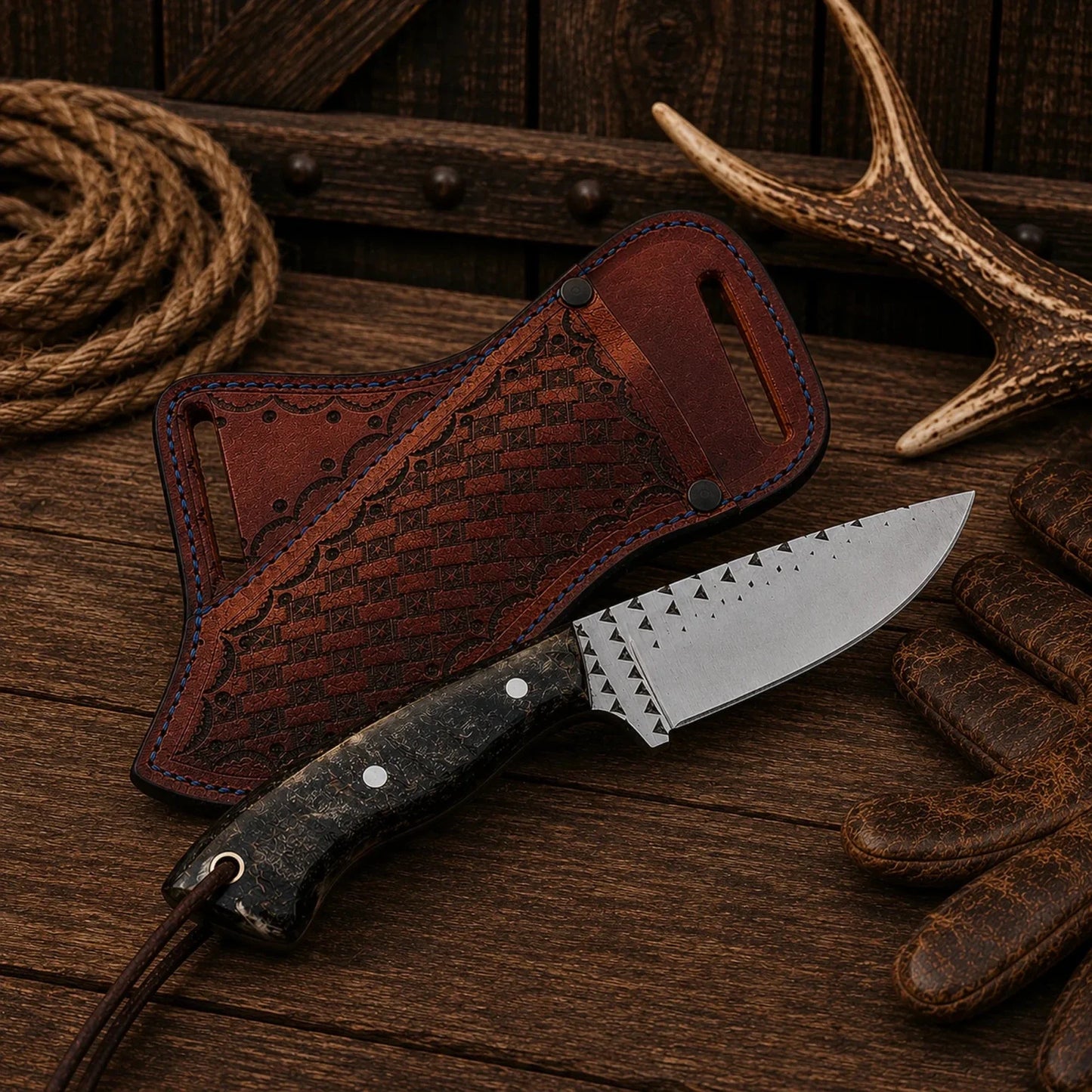 Cowboy Field Champion Knife – Rasp Steel Blade & Natural Sheep Horn Handle