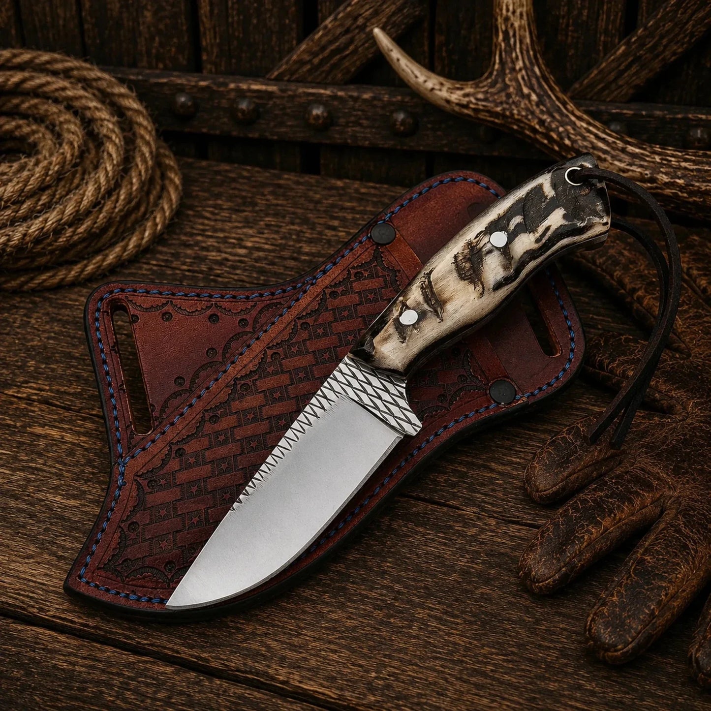 Cowboy Field Champion Knife – Rasp Steel Blade & Natural Sheep Horn Handle