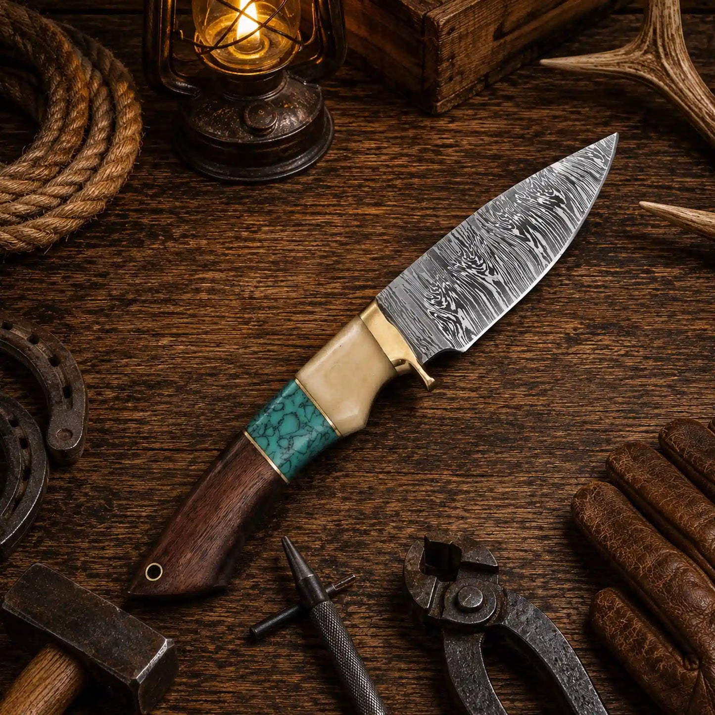 Custom Damascus Hunting Knife – Turquoise & Rosewood Handle