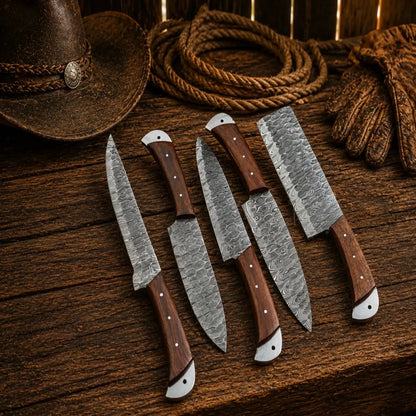 Damascus Chef Knife Set – 5 Piece Rosewood Handle Collection