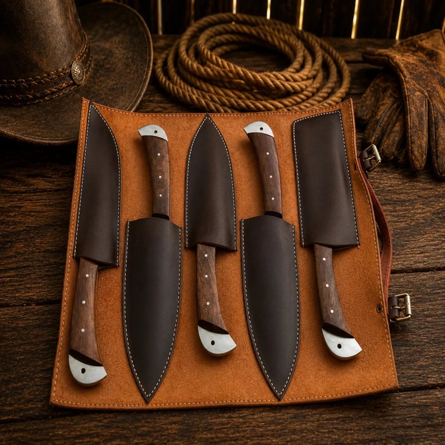 Damascus Chef Knife Set – 5 Piece Rosewood Handle Collection
