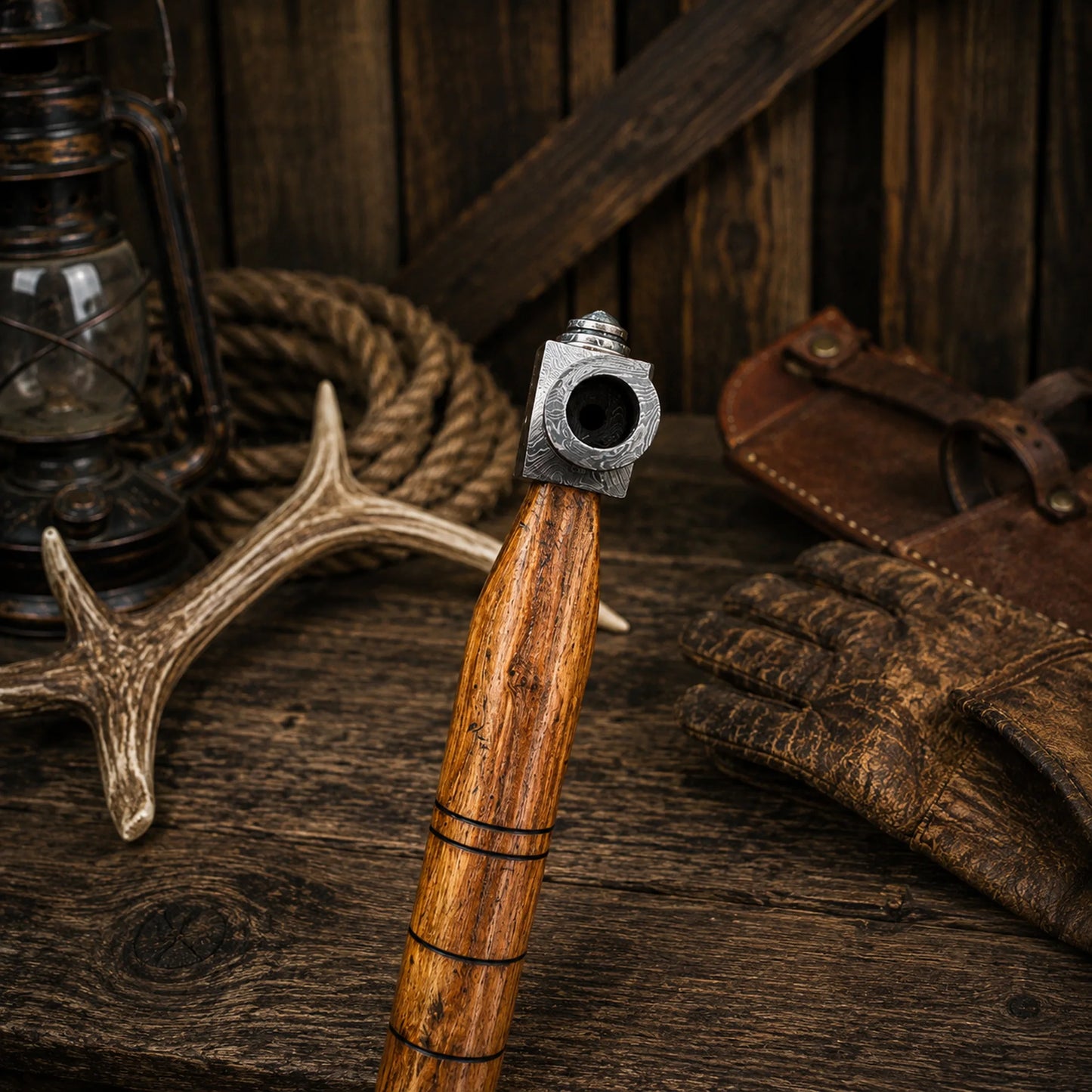 Handmade Damascus Steel Pipe Tomahawk Axe with Wood Handle & Sheath