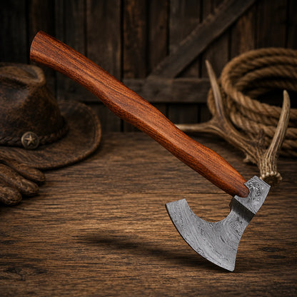 Custom Handmade Damascus Steel Axe Hatchet with Rosewood Handle & Sheath