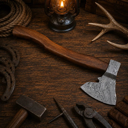 Custom Hand Forged Damascus Tomahawk Axe – Walnut Wood Handle