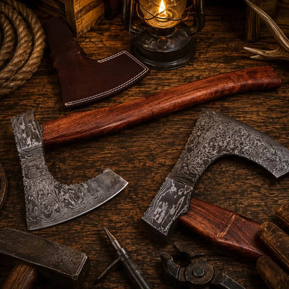 Wild Frontier Damascus Viking Axe – Rosewood Handle & Leather Sheath