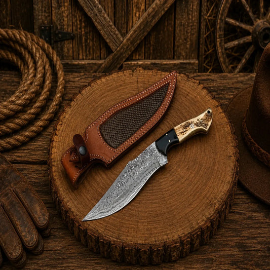 Deer Hunting Bowie Knife – Frostfang Damascus Steel Stag Handle
