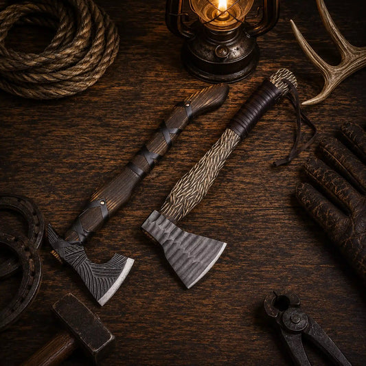 Hammered Hand Forged Carbon Steel Tomahawk & Battle Viking Axe Pair with Leather Sheath