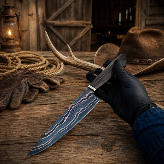 Hand Forged Copper Damascus Santoku Chef Knife – Walnut Wood Handle & Copper Bolster