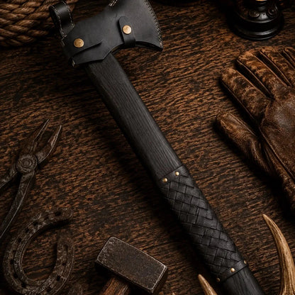 Hand Forged Viking Battle Axe – 21" Black Leather Wrapped Hardwood Handle