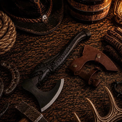Hand Forged Viking Bearded Axe – Dragon Carved Ash Wood Handle