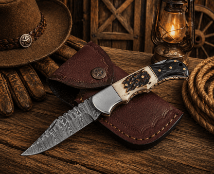 Handcrafted Damascus Pocket Knife – Engraved Folding Knife with Stag Horn & Pakka Wood Handle | Custom EDC Hunting Knife Gift for Men